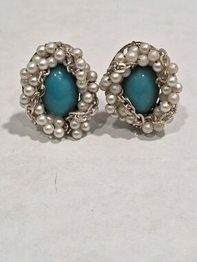 Vintage Faux Pearl Glass Stone Clip On Earrings Japan